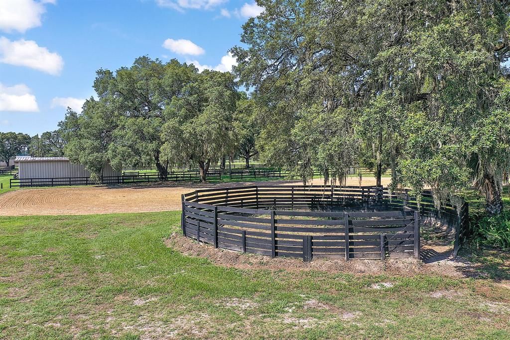 Groomed riding arena and uncovered round pen