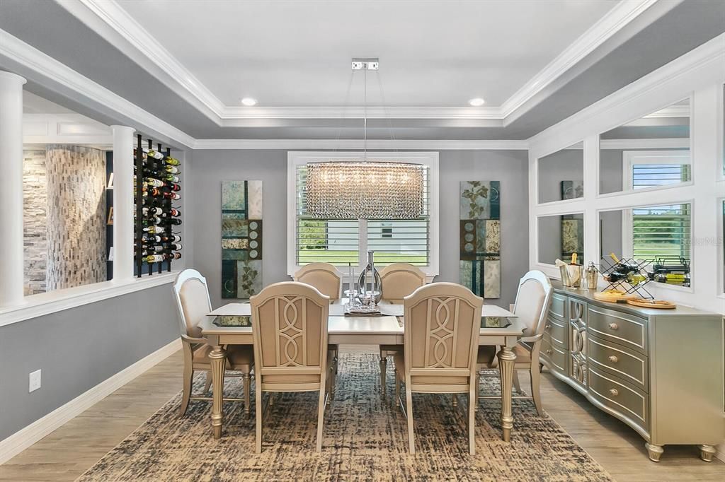 Custom Decorative Wall Glass Mirror in the Formal DINING ROOM w/ Custom Series Two-Sided Floating Wine Rack holding a total of 96 bottles of WINE