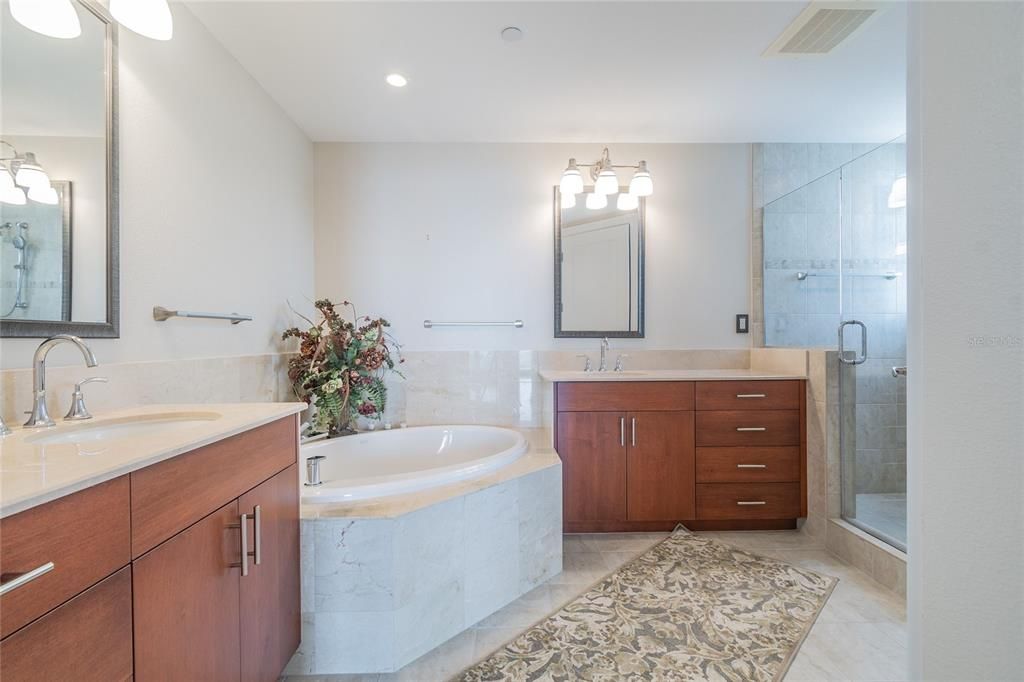 master bath with tub, and separate shower