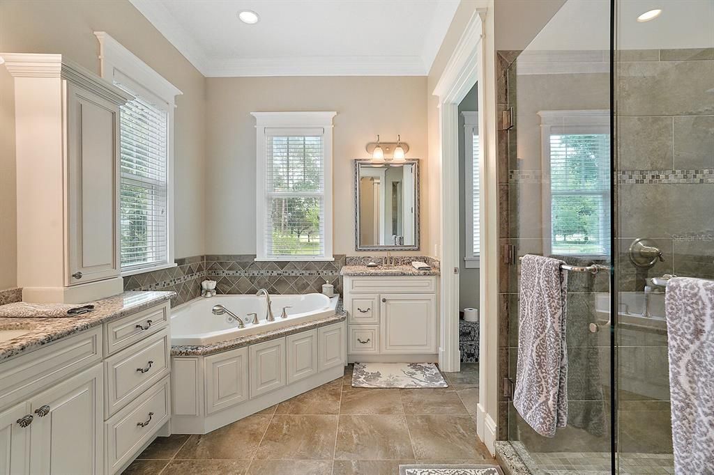 Double Vanities and Sinks with Soaking Tub and Walk-In Shower