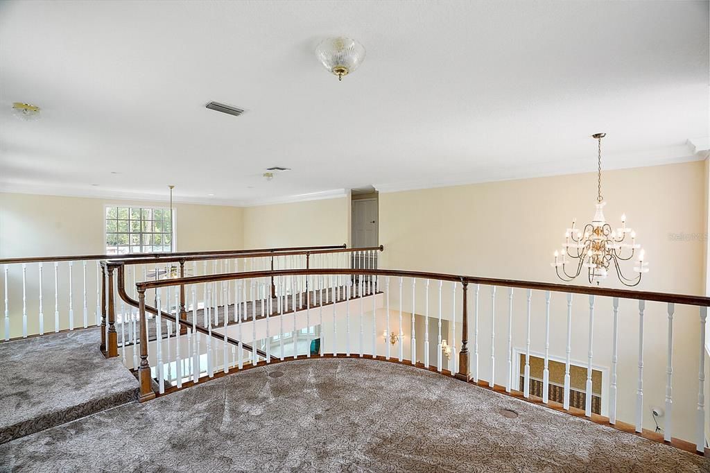 at the top of the stair case is this extra living space, new custom carpeting