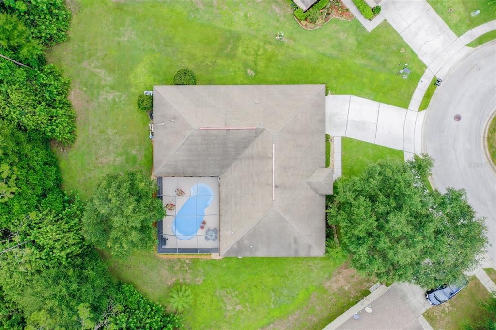 Aerial view shows the large back yard with the privacy of the trees at the end of the lot.