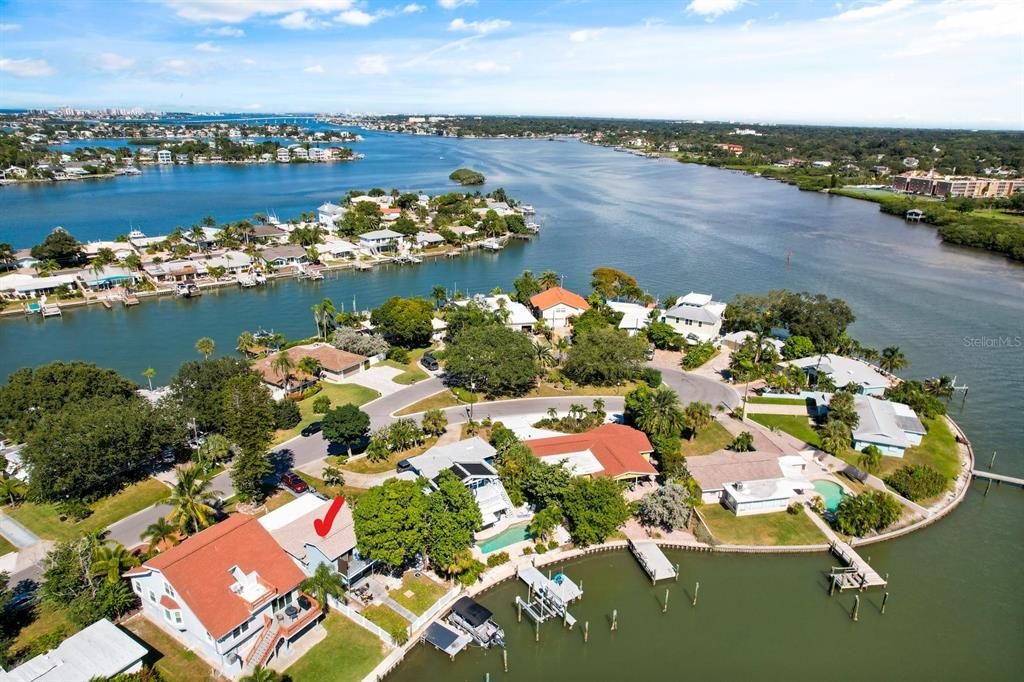 Aerial view looking North up the Intracoastal Waterway. You can see the Belleair bridge in background