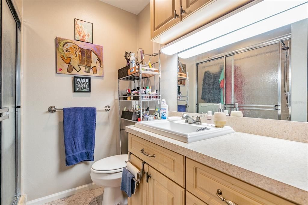 Spacious bathroom ideally located between master bedroom and living areas.  Features lots of cabinet space, large counter top, extra lighting, walk-in shower, and tile floors.