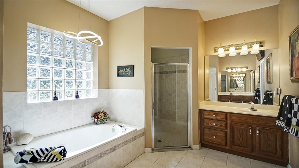 The walk in shower and second vanity - and there is a wall mounted tv above the entry door.