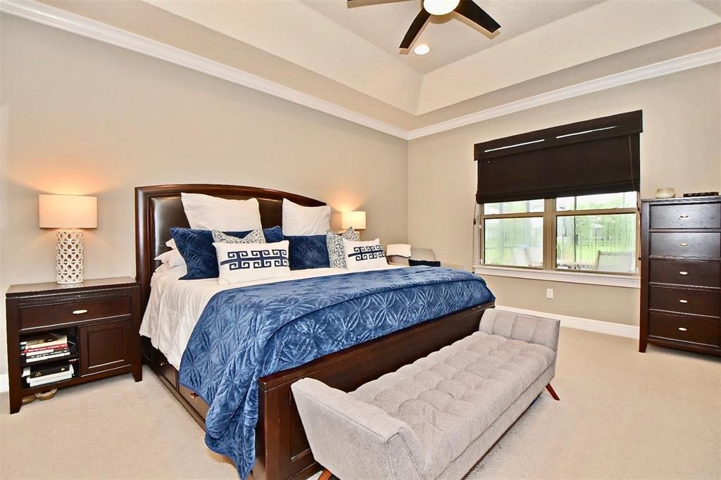 Spacious master suite featuring tray ceilings, crown molding and over looks the sparkling pool and spa.