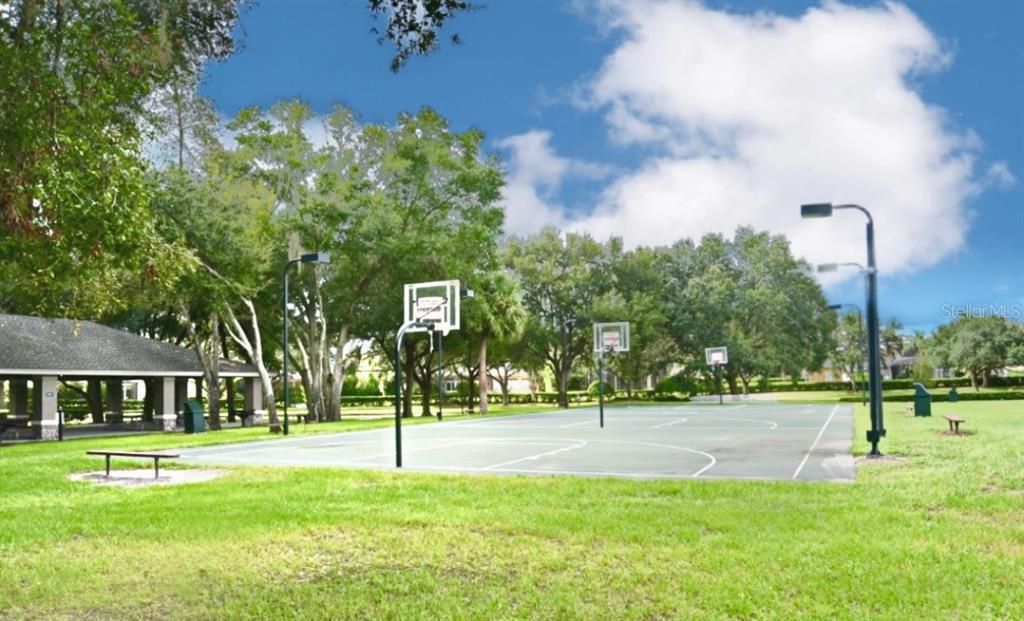 Community lighted basketball courts adjacent to the large covered pavilion.