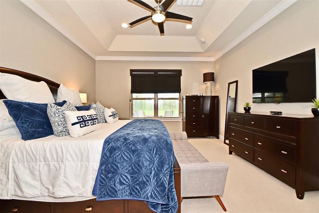 Spacious first floor master suite featuring tray ceilings and 2 large walk in closets both with custom closet built-ins.