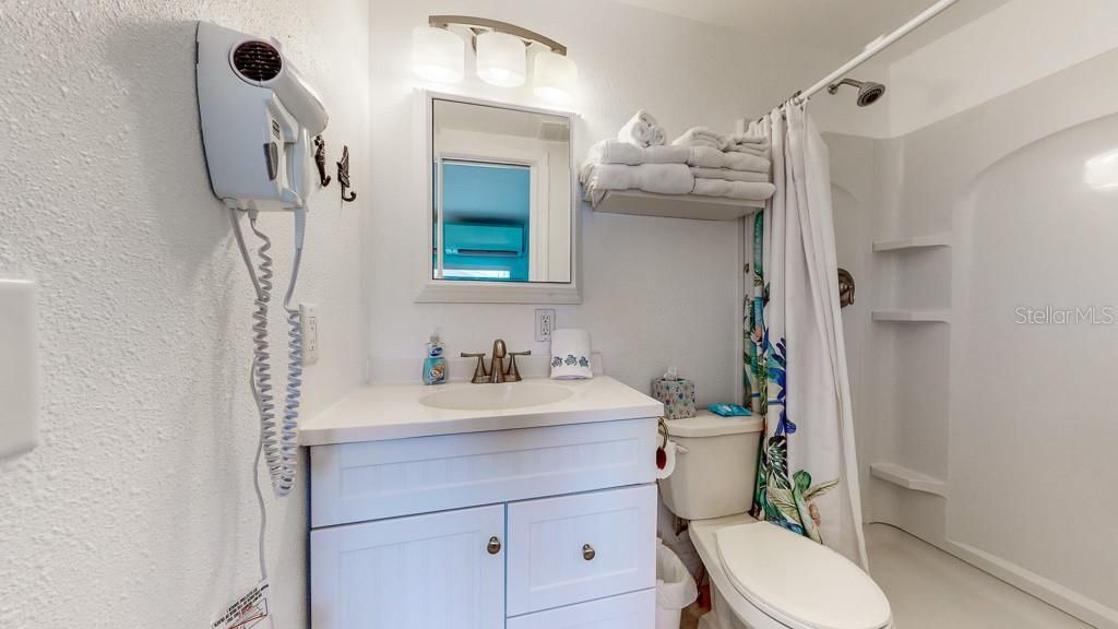 Sea Turtle:  bath with tub/shower combo and builtin hair dryer.