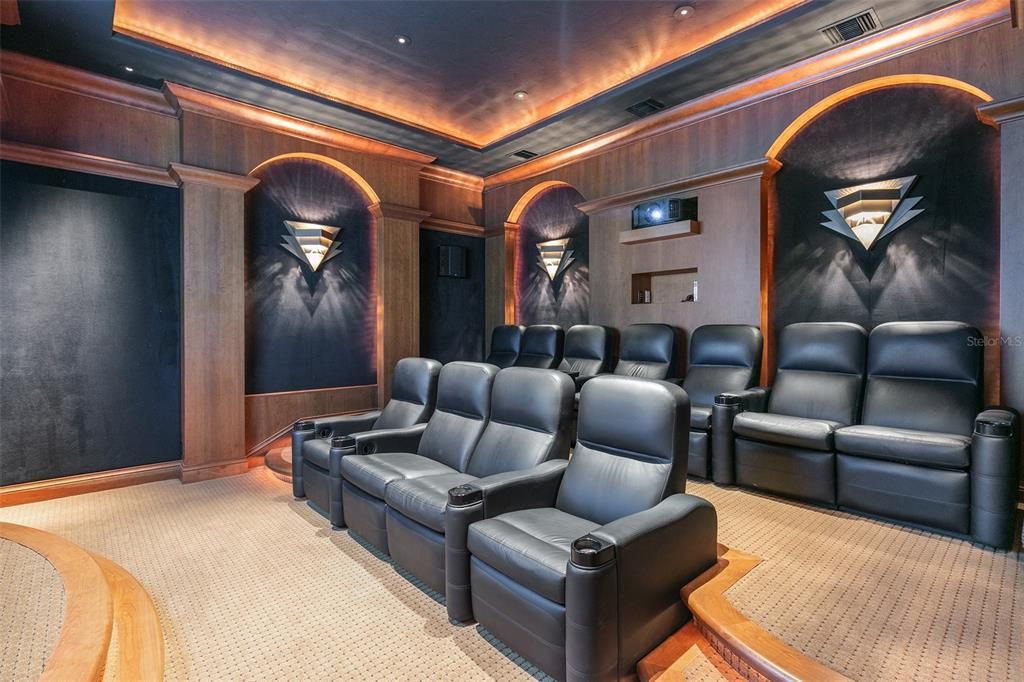 Situated on the main floor off of the kitchen and living room, the theater can be regularly enjoyed by the whole family.