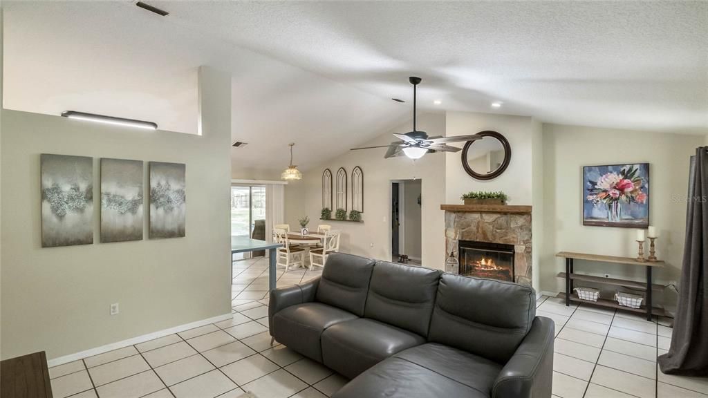 Wood burning fireplace in living room