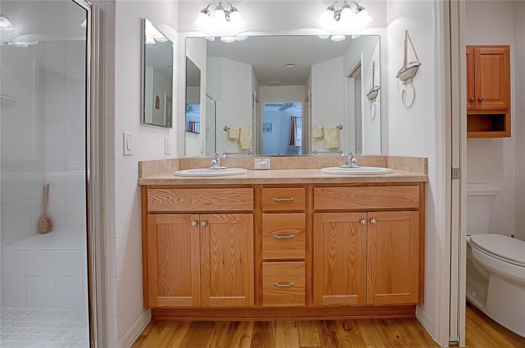 MASTER BATHROOM WITH DOUBLE SINKS AND SEPARATE TOILET ROOM WITH POCKET DOOR!