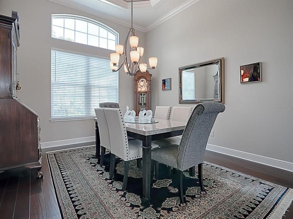 FORMAL DINING ROOM TO THE LEFT OF THE FOYER WITH TRAY CEILING TRIMMED WITH CROWN MOLDING!