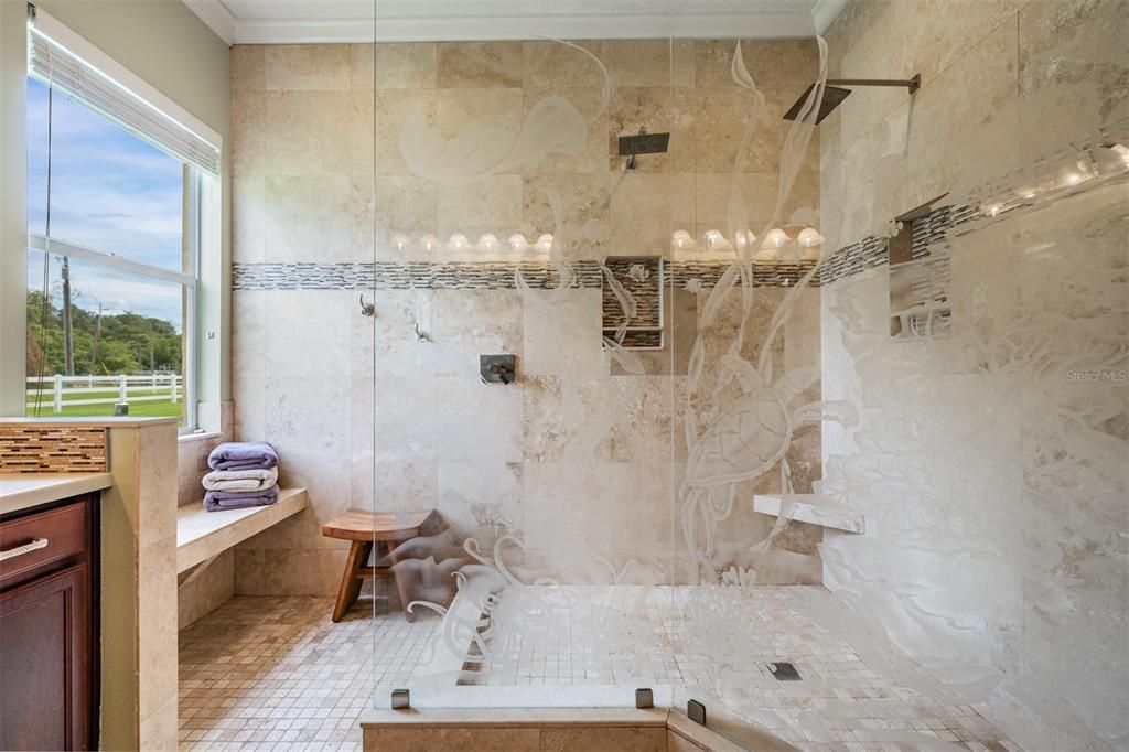 Master Bathroom with Custom Sand Blasted Glass Shower Wall