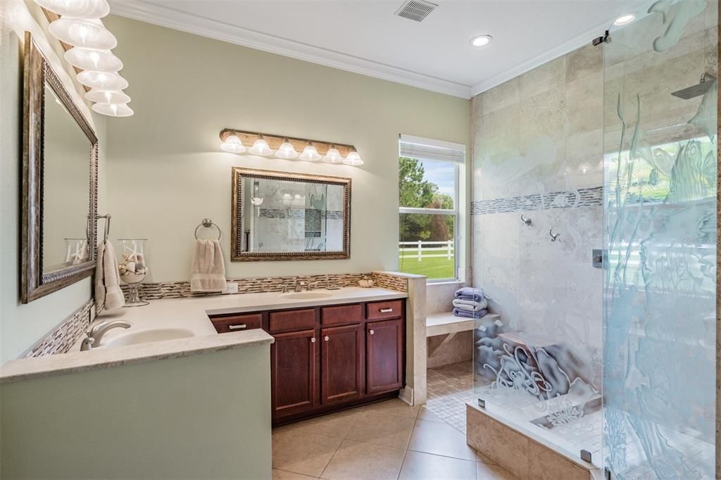 Master Bathroom with Custom Sand Blasted Glass Shower Wall