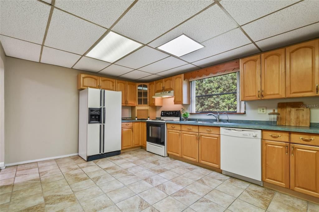 Note the window for the chef to soak up the natural light and greenery as they create the evening meal. Double stainless sink, two appliance garages in the corners, full set of appliances and tons of countertop prep space.