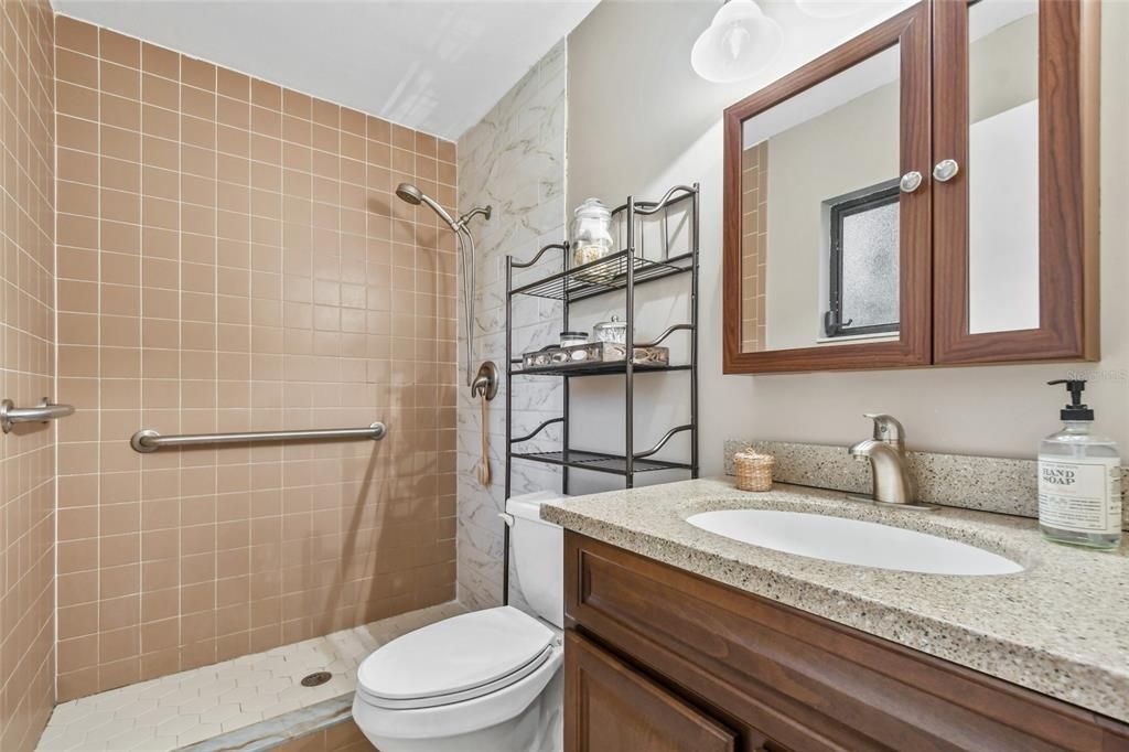 Updated and fresh master bathroom has a generous walk in shower, handicap help, newer vanity, lighting, countertop and toilet. Terrific double medicine cabinet complimented by newer plumbing fixtures and hand held shower for function-ability.
