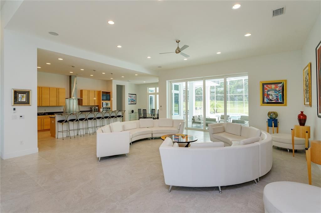 Family room/great room with view of the kitchen