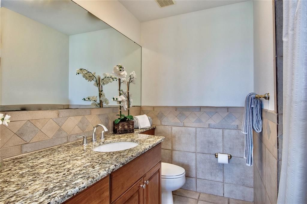 2nd En-Suite bathroom has a large walk-in shower, granite countertop & solid wood cabinetry.