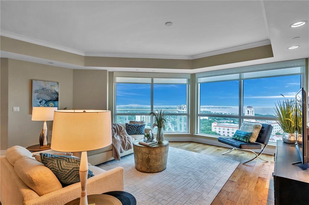 Living room looks out at Old Tampa Bay and Vinoy Hotel!