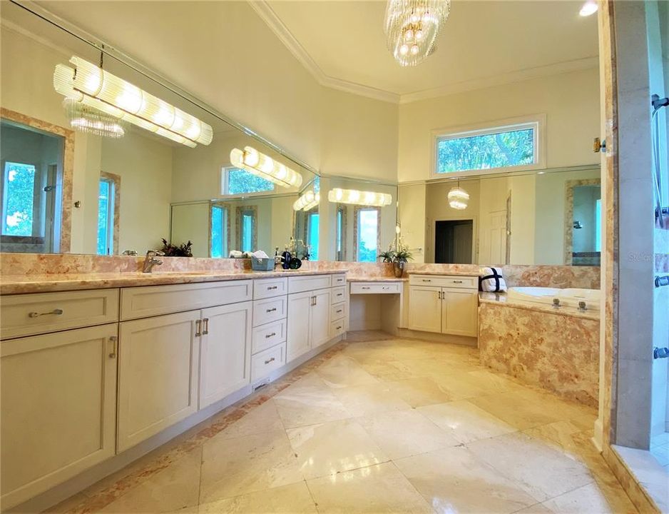 Primary bathroom suite with dual sinks, separate tub and large, walk-in shower