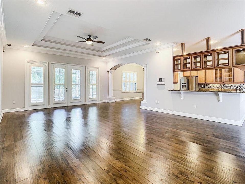 Once inside the doors. Check out the double trey ceilings dressed with crown molding. Doors leading to the back patio are adorned with plantation shutters.  Certainly a southern look....wouldn't you say!