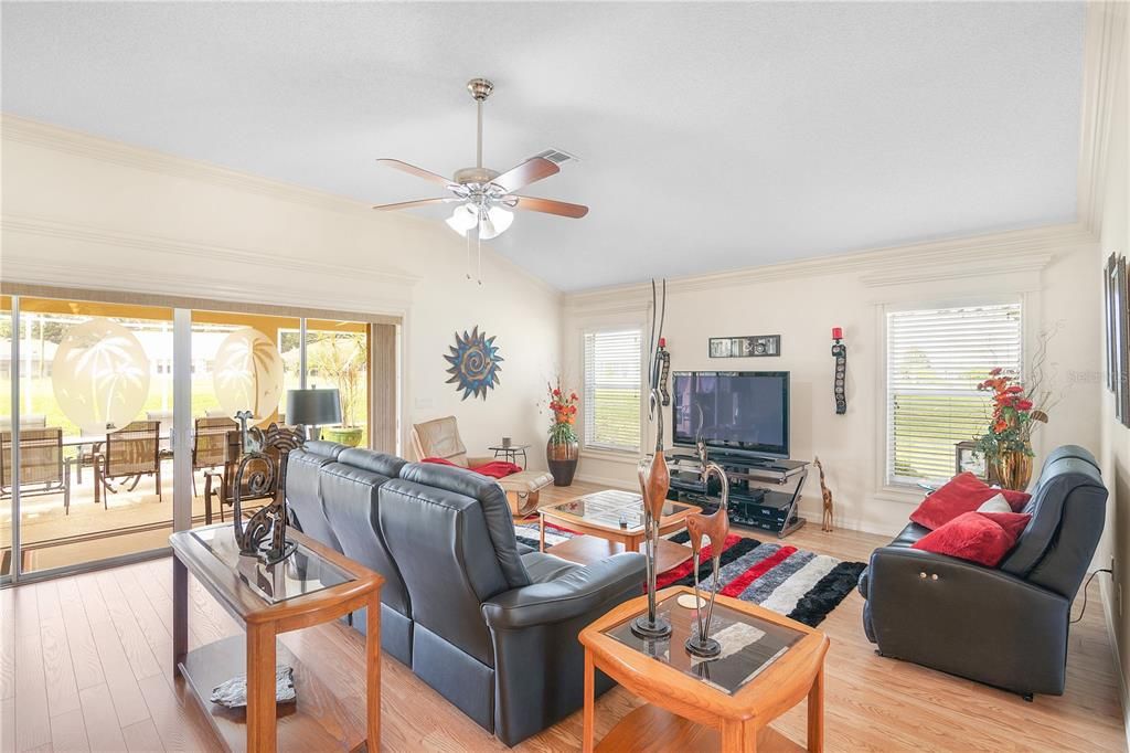 Let's Watch The Game ! Vaulted Ceiling, Crown Molding and Laminate Flooring. And A Cool Ceiling Fan With Light. Look at the View out to the Expansive Back and Side Yards. Maybe Add A Pool ?