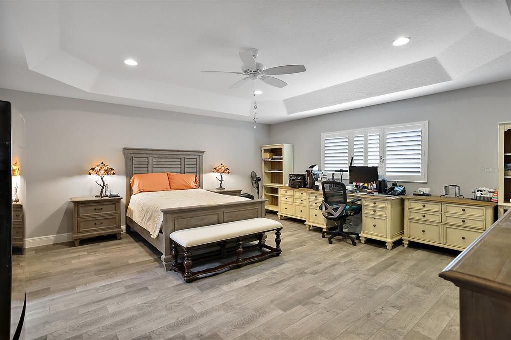 Enormous master bedroom with tray ceiling and  plank tile flooring