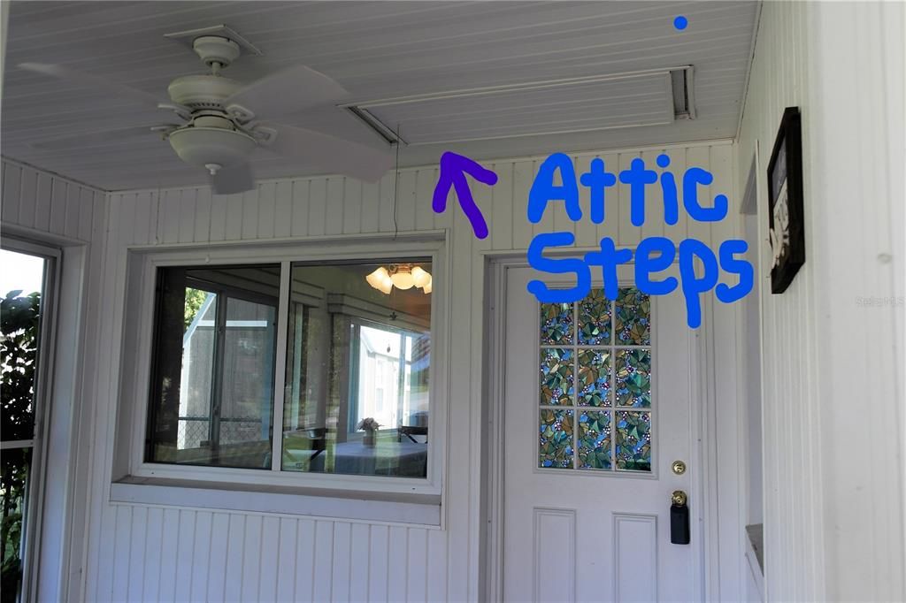 Attic pull down steps on patio_121 Heather Lane, Lake Placid