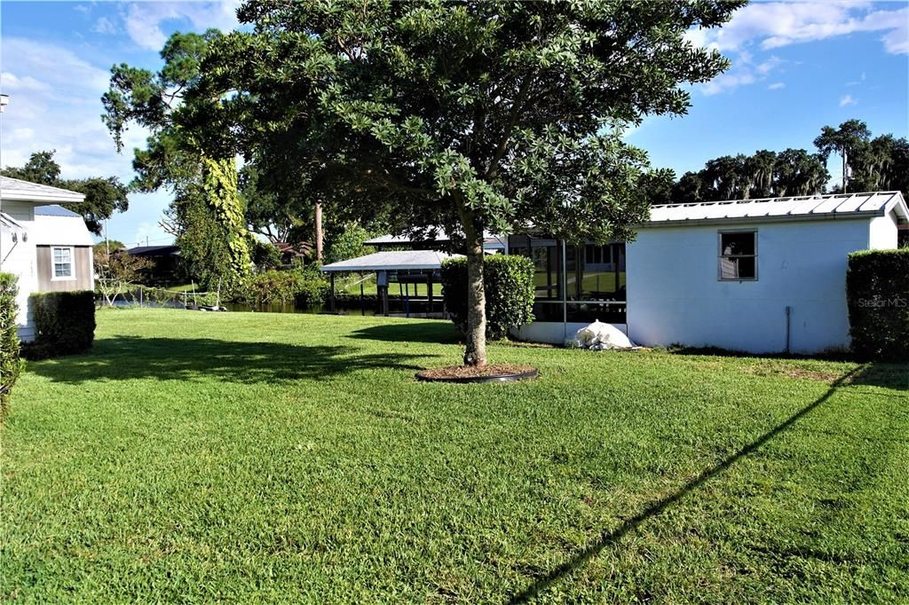 Large plush yard with mature landscaping and she-shed_121 Heather Lane, Lake Placid