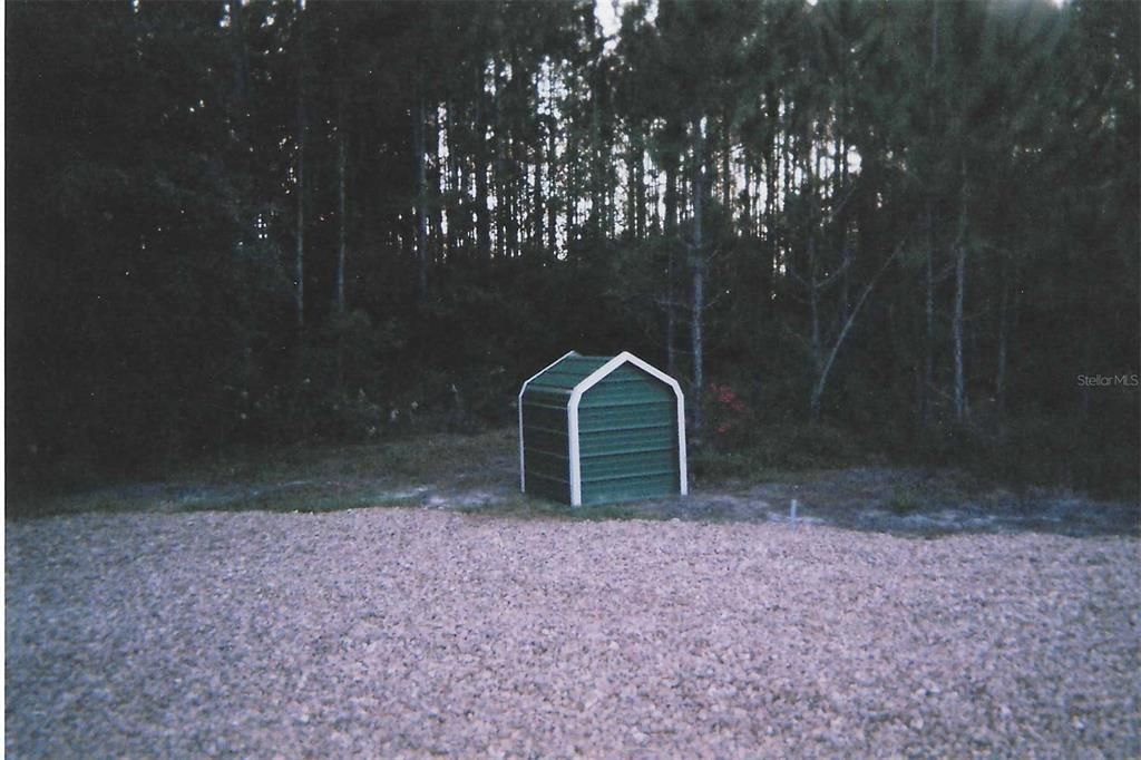Pump house and driveway in front of typical woods scene.