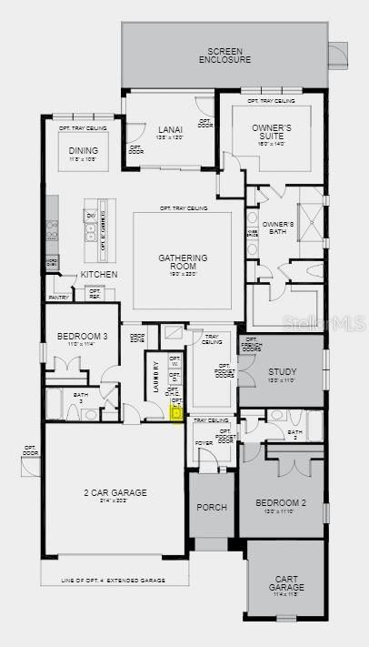 MAIN LEVEL FLOORPLAN ~ Structural options added to 509 Lago Matisse Street include: Single Cart Garage, Study, extended screened patio WITHOUT kickplate, Interior doors package 8', Tile extended to study and gathering room.