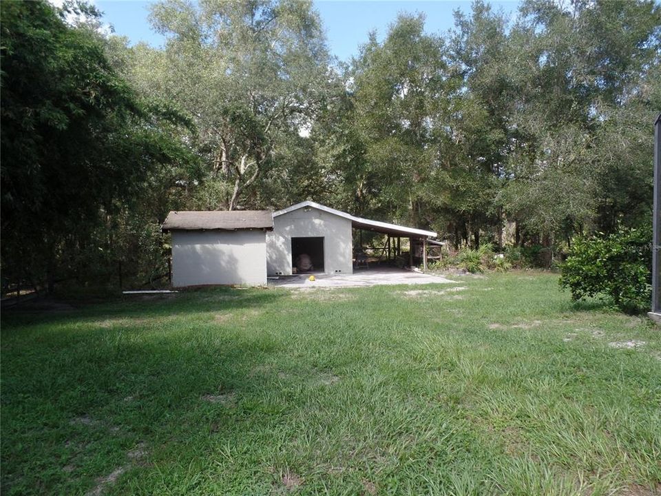 The pond is beyond this shed at edge of property