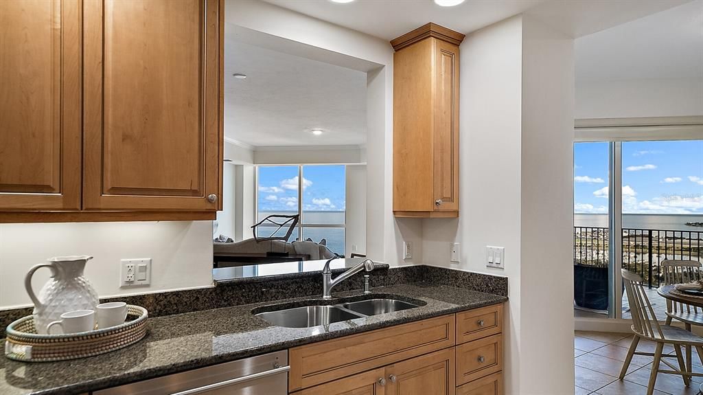 Double sink in kitchen and views