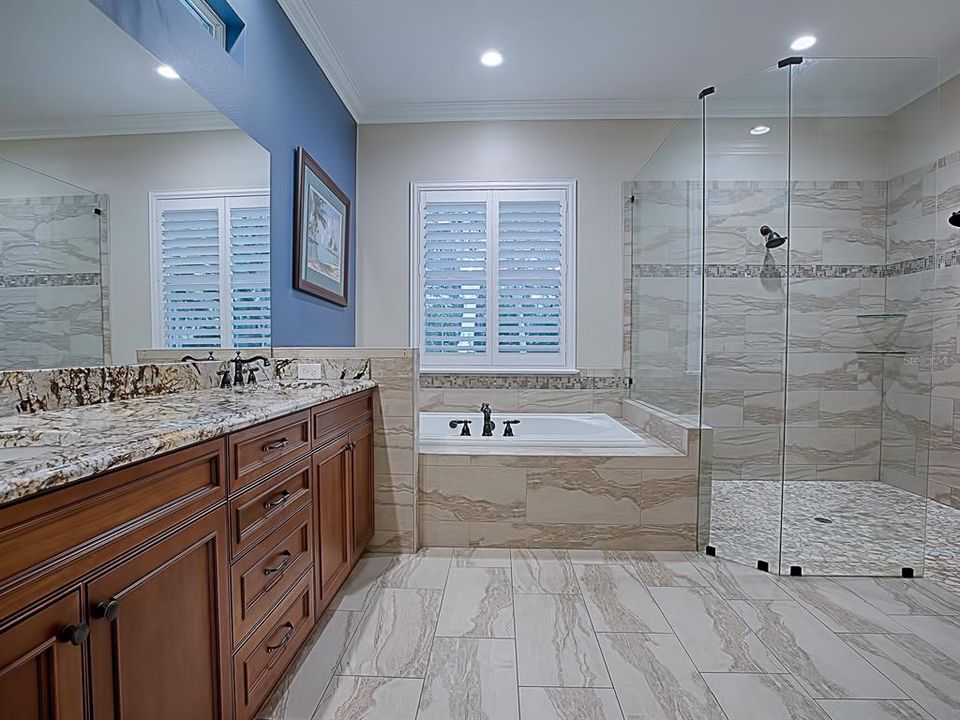 NOW THIS IS LUXURY!!! THE MASTER BATH HAS A FRAMELESS, GORGEOUSLY TILED ROOMY WALK-IN ROMAN SHOWER AND A FANTASTIC SPA TUB FOR REAXING! DOUBLE SHOWER HEADS!