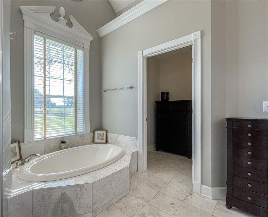 Soaking tub water closet in forefront