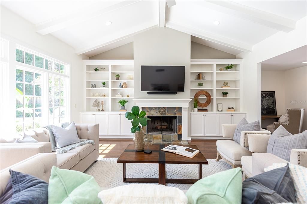 Vaulted ceilings, built-ins, & fireplace