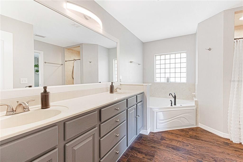 Master bathroom with dual sinks