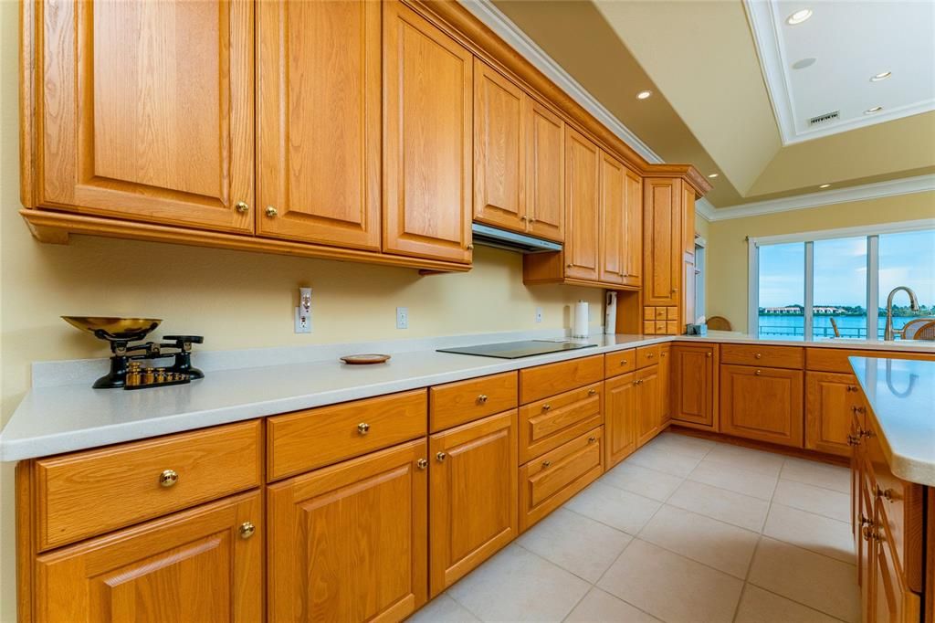 wood cabinetry and corian countertops