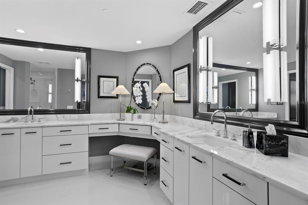 Completely gutted and renovated owners bathroom with double sink and wonderful vanity area.