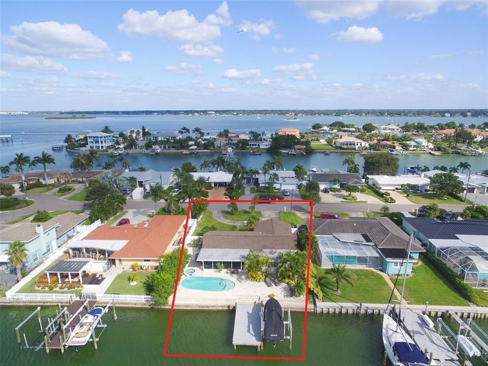 Aerial view of the property offers westerly views toward Clearwater Beach