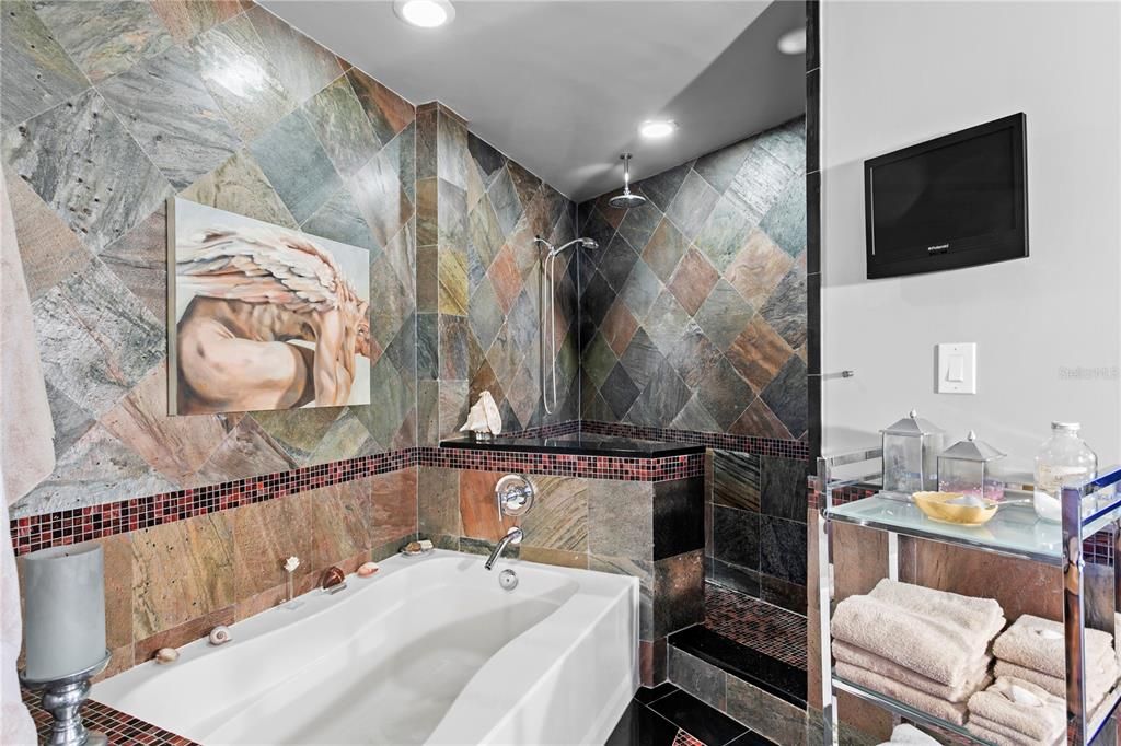 Spacious soaking tub and walk-in shower