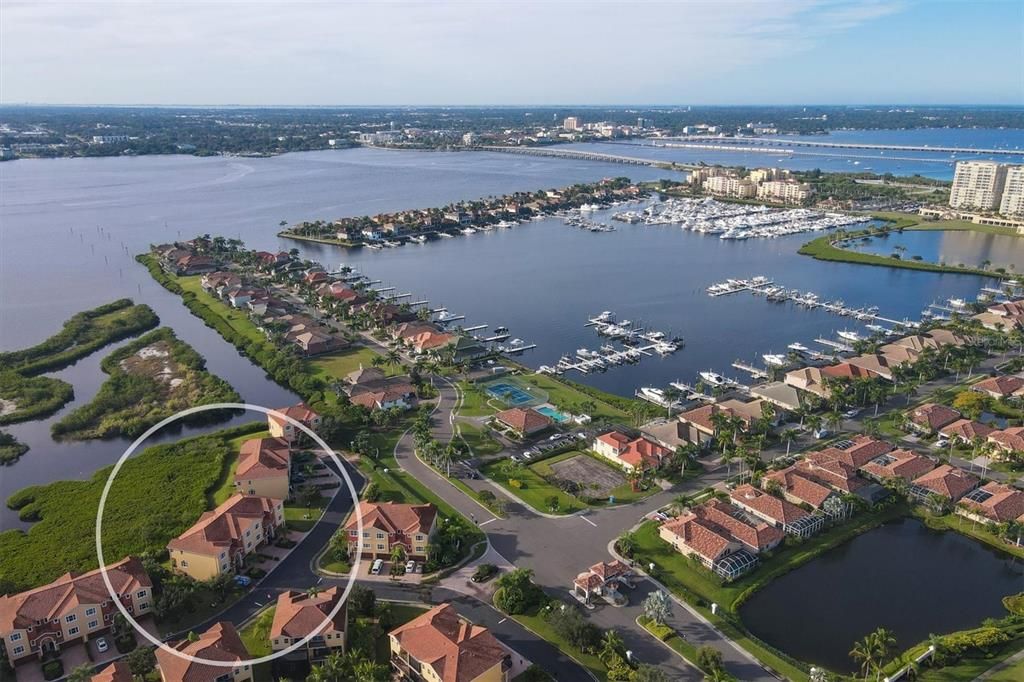 1219 3rd Street Drive East backs on the lagoons & Manatee River.  The included floating boat slip (up to 60' boat) is in the Riviera Dunes protected deep water marina just across the street.  Great views!