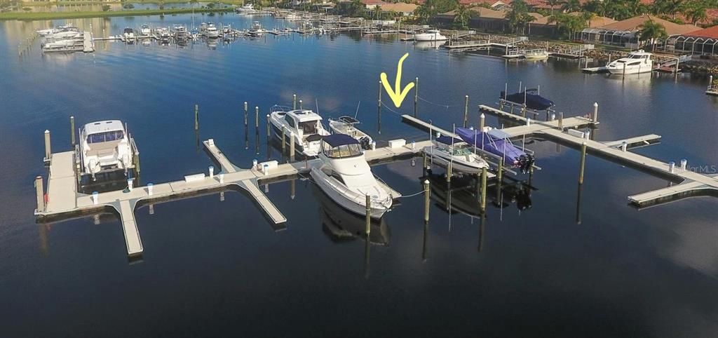 Arrow shows your slip. Pilings have already been installed.  The slip has water and electricity.