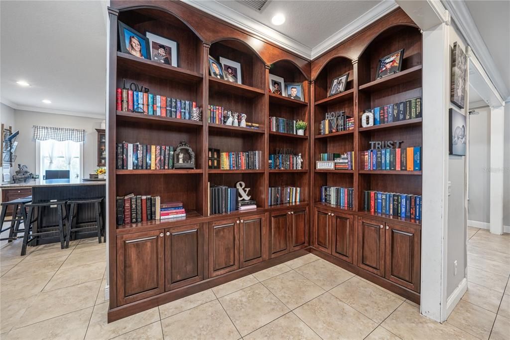 Custom built in bookcase just off the living room.