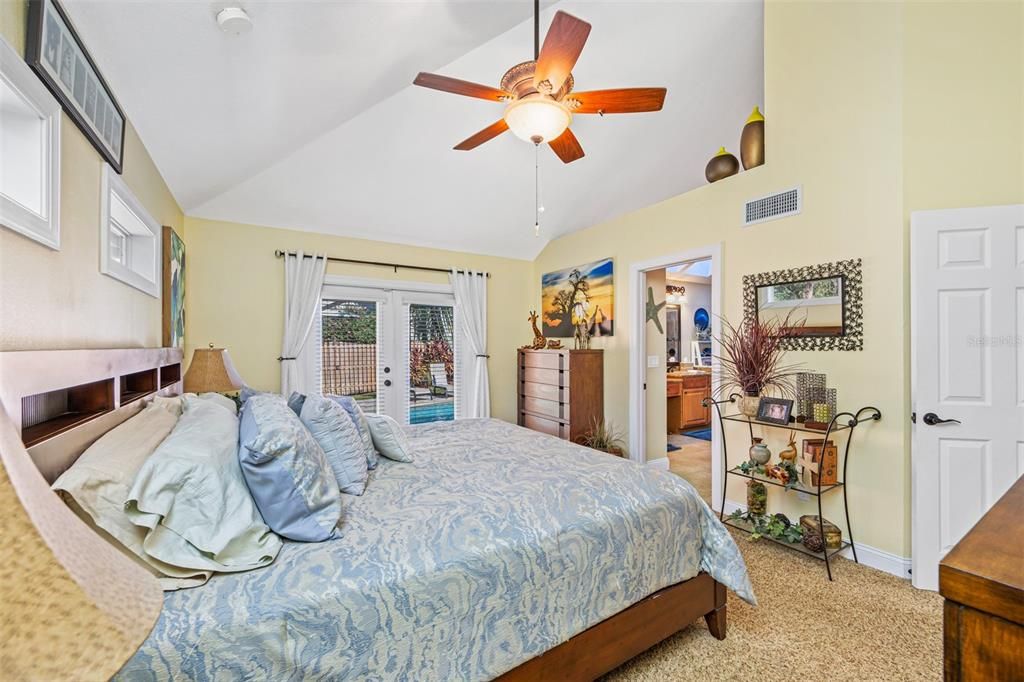 Master bedroom soaring ceiling and fan