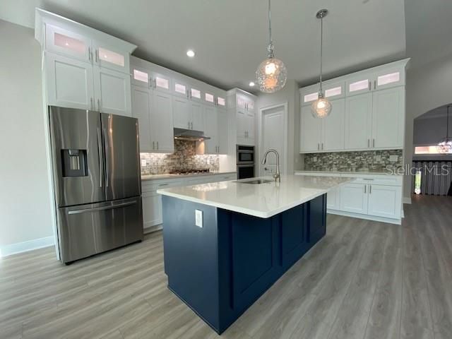 Open Kitchen with door to walk-in Pantry and large island.