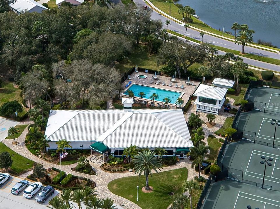 Birdseye view of clubhouse, pool and tennis.