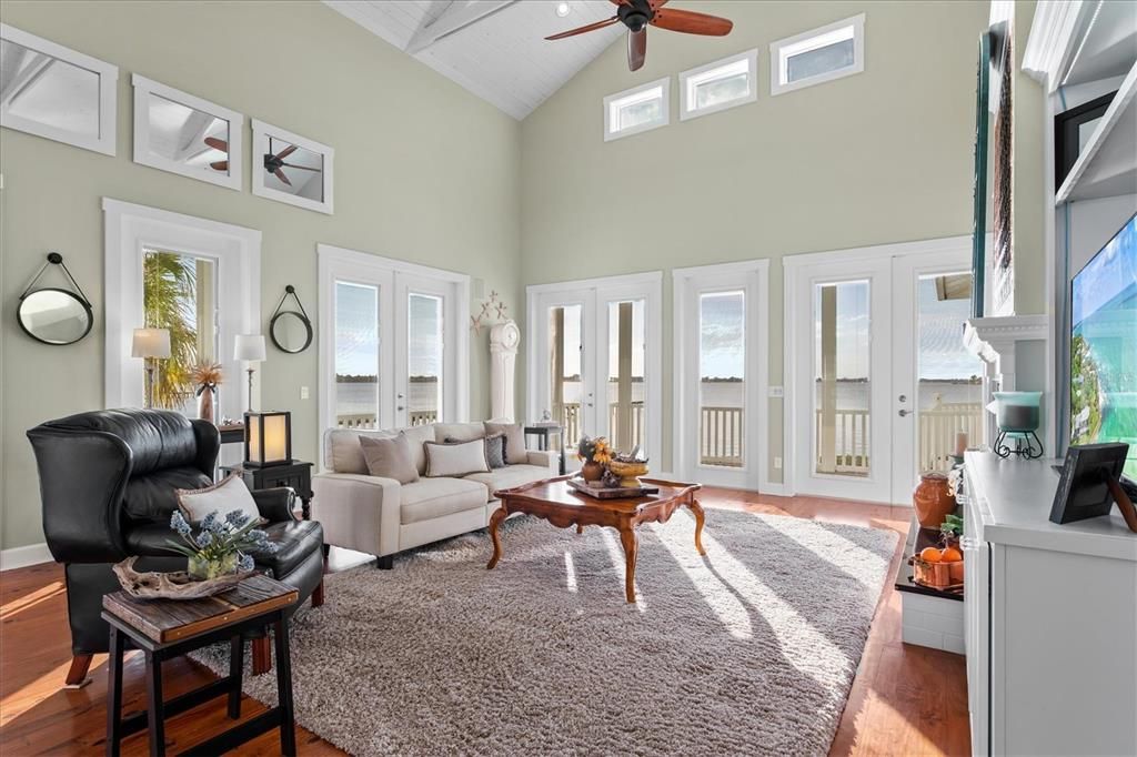 Family room with soaring ceilings