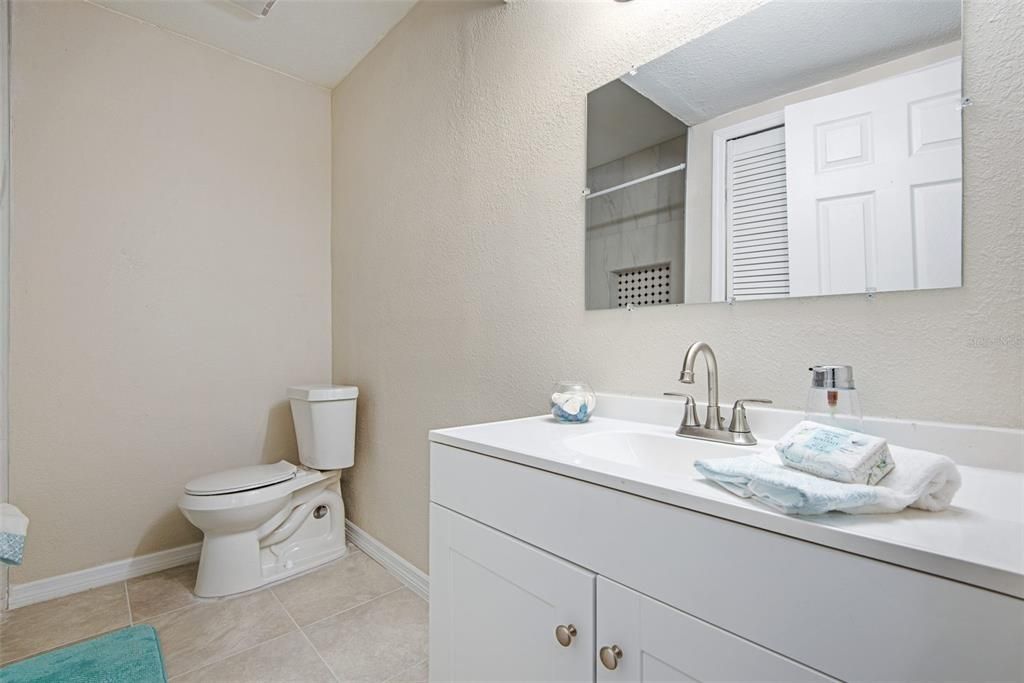 Guest Bath with large sink area and space for shelving or added cabinet for storage.